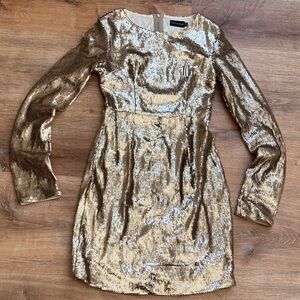 Gold sequin size 2, prettylittlething long sleeve metallic dress #Disco